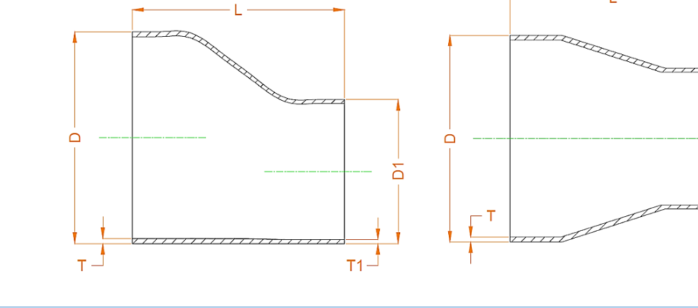 Concentric & eccentric reducer — dimensioned drawings