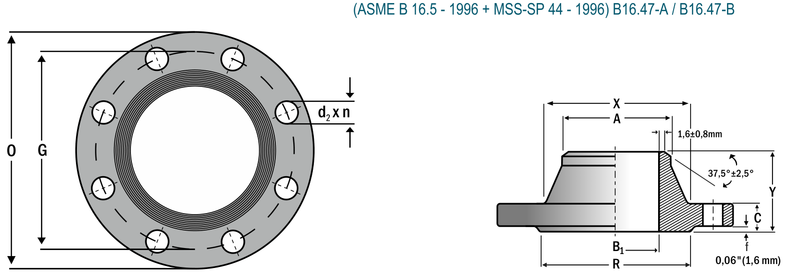 Welding-neck flange — dimensioned drawing (front view & section)