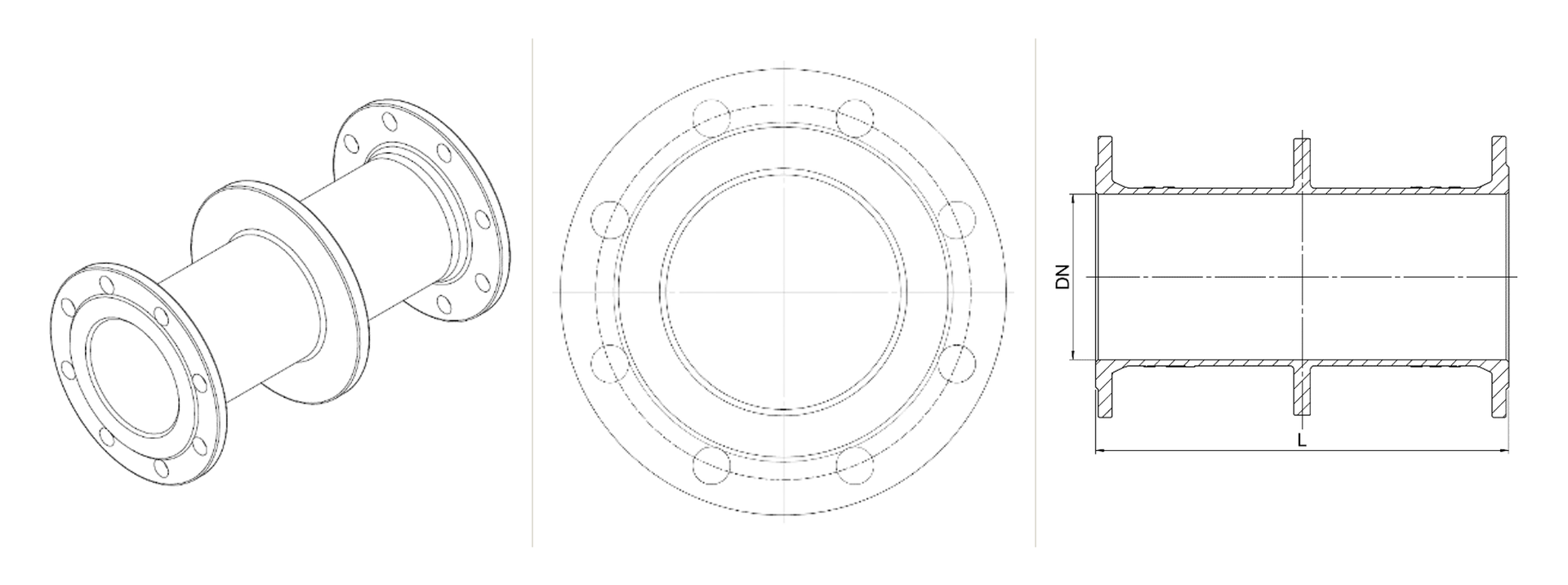 Steel puddle flange — isometric, end and longitudinal views