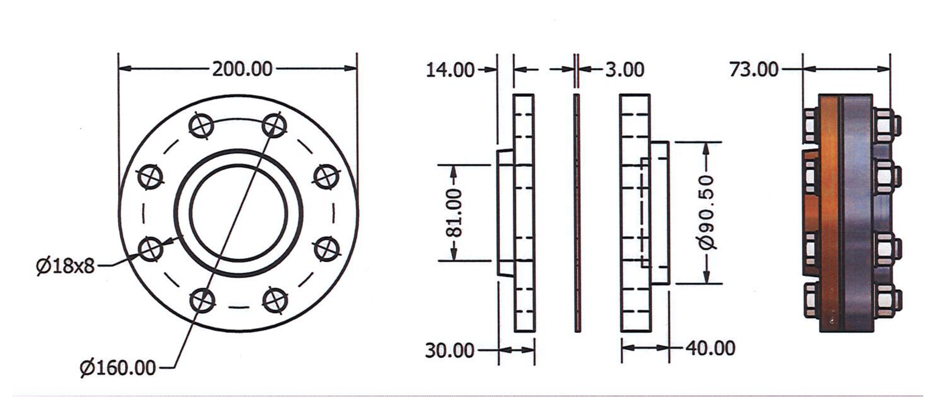Dimensioned views — 3″ (DN80) PN25 example