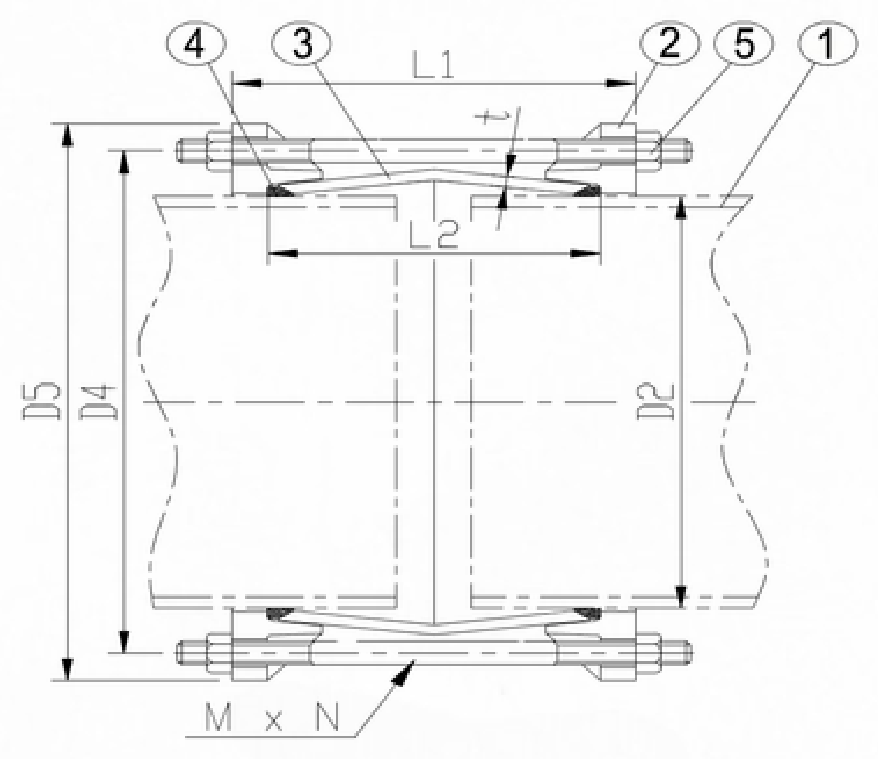 Flexible coupling — dimensioned schematic