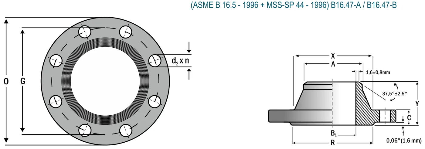 Welding-neck flange — dimensioned drawing (front view & section)